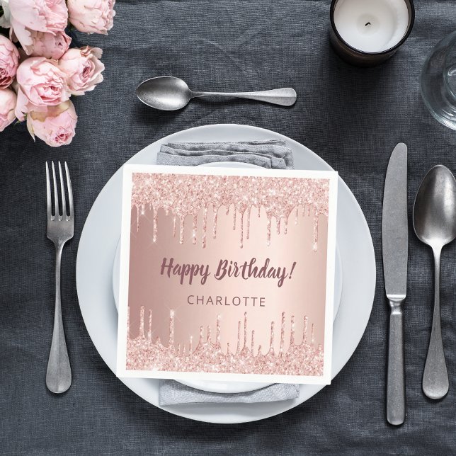 Birthday rose gold glitter drips name napkin (Creator Uploaded)