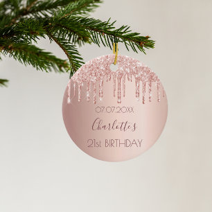 Birthday rose gold glitter drips pink 21 chic ceramic tree decoration