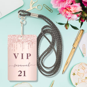 Birthday rose gold glitter drips pink glam vip ID badge