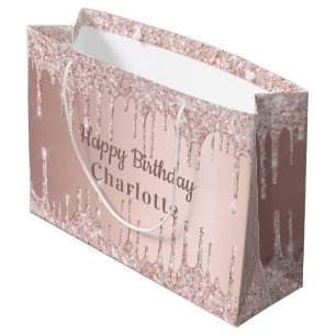 Birthday rose gold glitter drips pink monogram  large gift bag