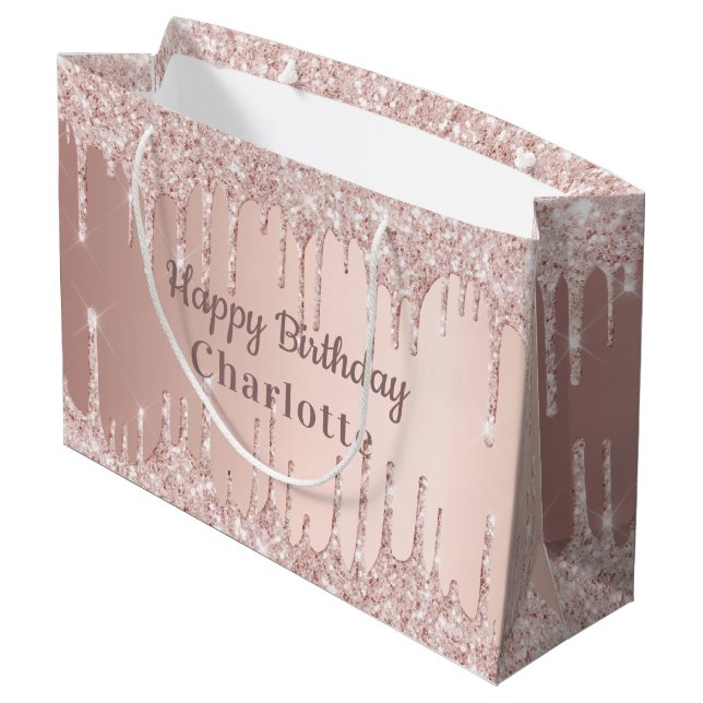 Birthday rose gold glitter drips pink monogram  large gift bag (Back Angled)