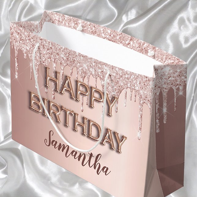 Birthday rose gold glitter drips pink monogram  large gift bag (Creator Uploaded)