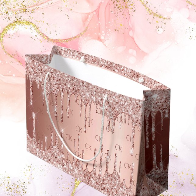 Birthday rose gold glitter drips pink monogram large gift bag (Creator Uploaded)