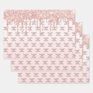 Birthday rose gold glitter drips pink monogram wrapping paper sheet