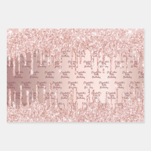 Birthday rose gold glitter drips pink monogram wrapping paper sheet