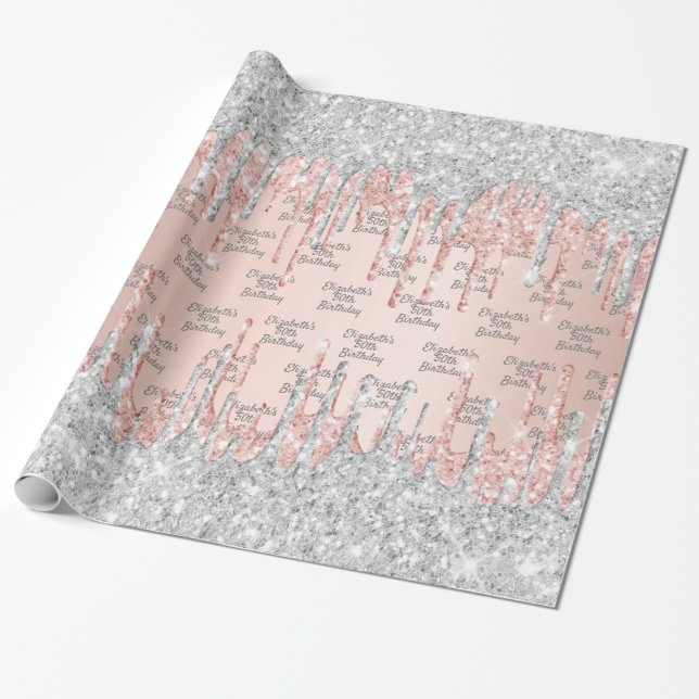 Birthday rose gold glitter drips pink silver name  wrapping paper (Unrolled)