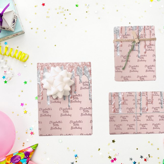 Birthday rose gold glitter drips pink silver wrapping paper sheet (Creator Uploaded)
