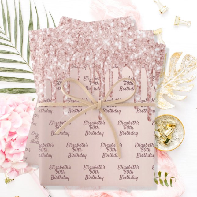 Birthday rose gold glitter drips pink sparkle wrapping paper sheet (Creator Uploaded)