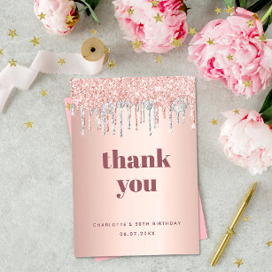 Birthday rose gold glitter drips silver glamourous thank you card
