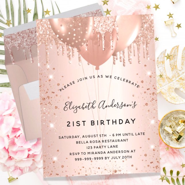 Birthday rose gold glitter drops balloons  invitation postcard (Creator Uploaded)