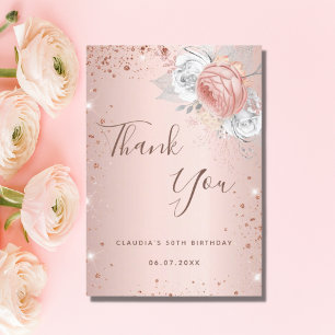 Birthday rose gold glitter dust florals metal thank you card