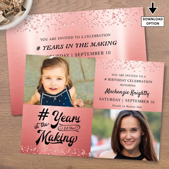 Birthday Rose Gold Glitter Metallic 2 Photos Invitation (Creator Uploaded)
