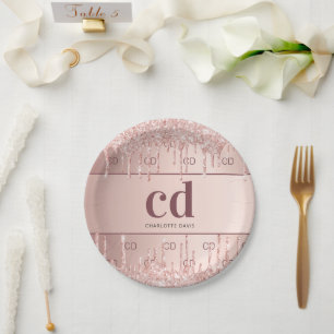 Birthday rose gold glitter monogram initials name paper plate