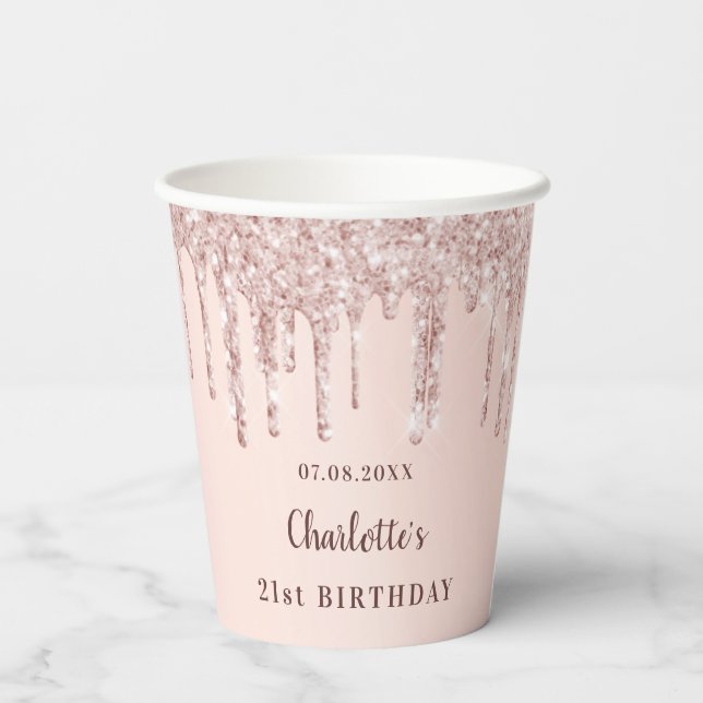 Birthday rose gold glitter monogram paper cups (Back)