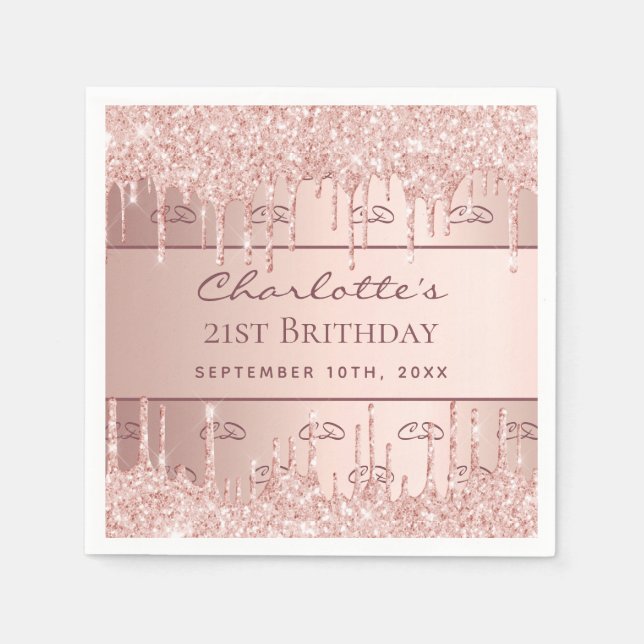 Birthday rose gold glitter monogram script napkin (Front)