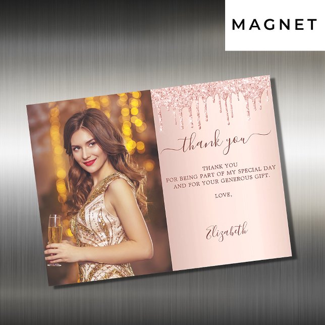 Birthday rose gold glitter photo magnet thank you (Creator Uploaded)