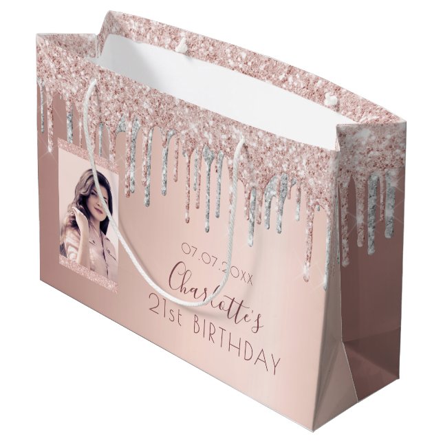 Birthday rose gold glitter photo pink silver name large gift bag (Back Angled)