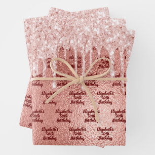 Birthday rose gold glitter pink drips monogram wrapping paper sheet