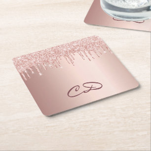 Birthday rose gold glitter pink monogram initials square paper coaster