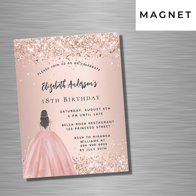 Birthday rose gold glitter princess dress luxury magnetic invitation (Creator Uploaded)