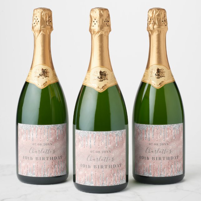 Birthday rose gold glitter silver monogram luxury sparkling wine label (Bottles)