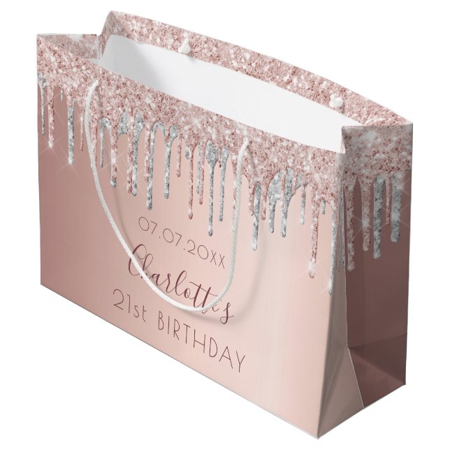 Birthday rose gold glitter silver pink monogram large gift bag (Back Angled)