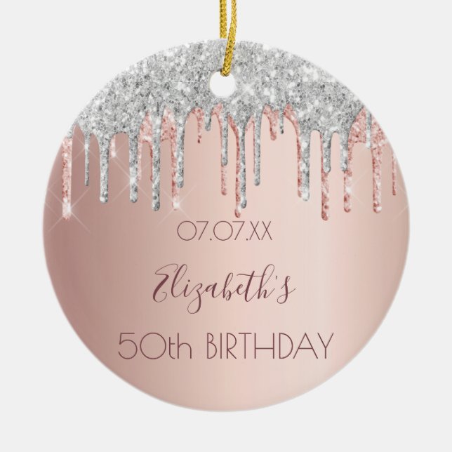 Birthday rose gold glitter silver sparkle ceramic tree decoration (Front)