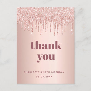 Birthday rose gold glitter thank you postcard