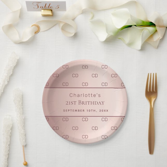 Birthday rose gold monogram initials name paper plate (Wedding)