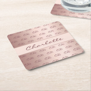 Birthday rose gold monogram pattern initials name square paper coaster