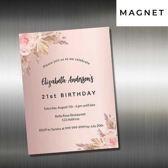 Birthday rose gold pampas grass floral luxury magnetic invitation (Creator Uploaded)