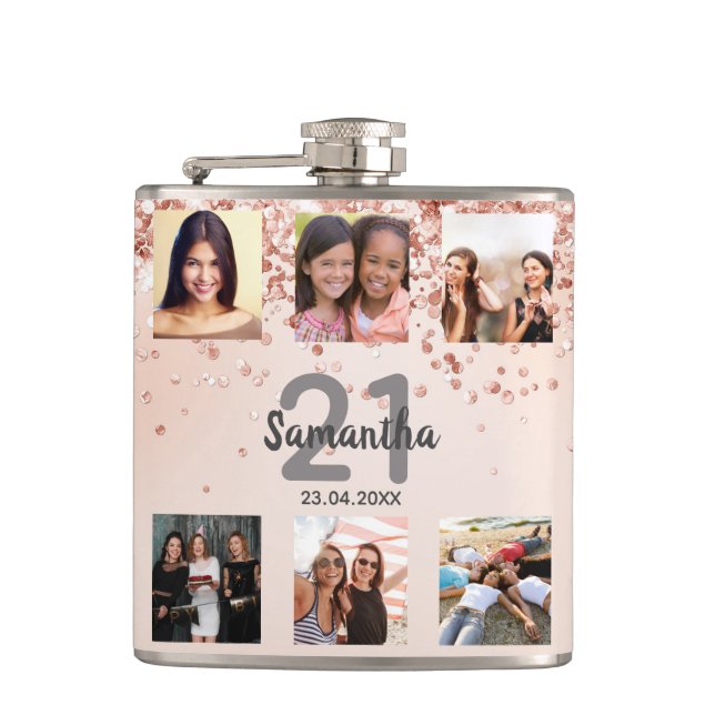 Birthday rose gold photo collage name hip flask (Front)