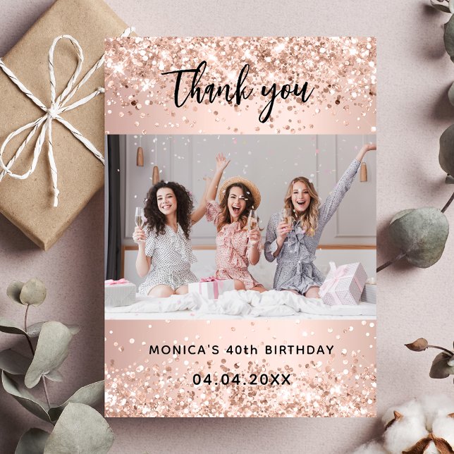 Birthday rose gold photo glitter thank you card (Creator Uploaded)