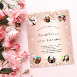 Birthday rose gold photo invitation<br><div class="desc">For an elegant 50th (or any age) birthday party. A rose gold graident background. Decorated with rose gold,  blush confetti.  Personalize and add a name,  party details and 6 photos. The name is written with a hand lettered style script</div>