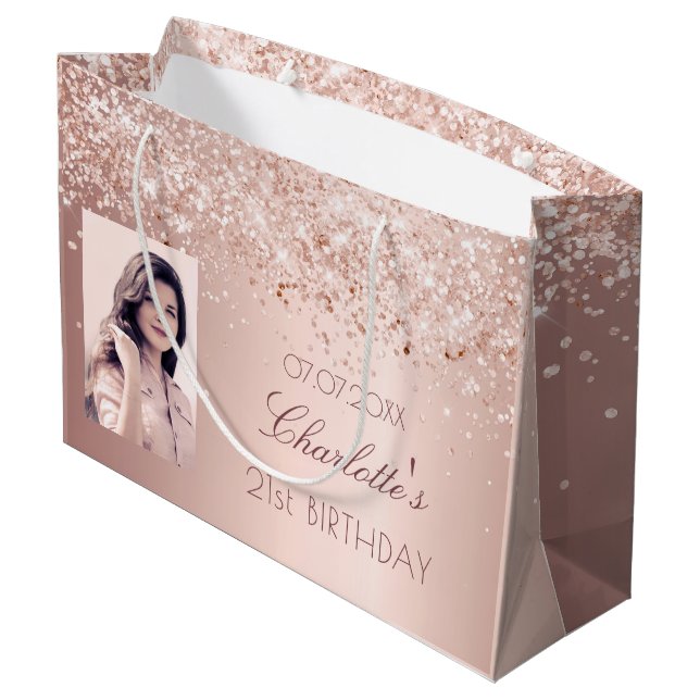 Birthday rose gold photo large gift bag (Back Angled)