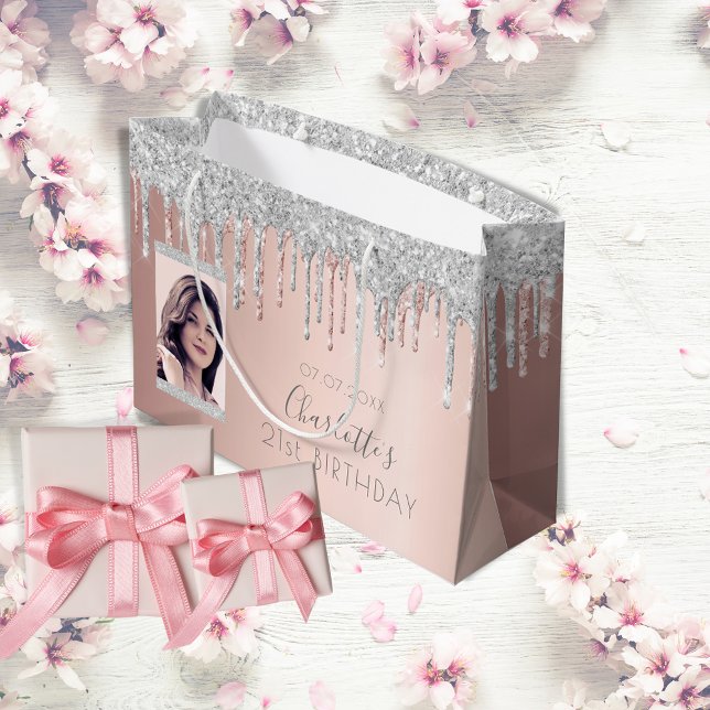 Birthday rose gold photo pink silver name large gift bag (Creator Uploaded)