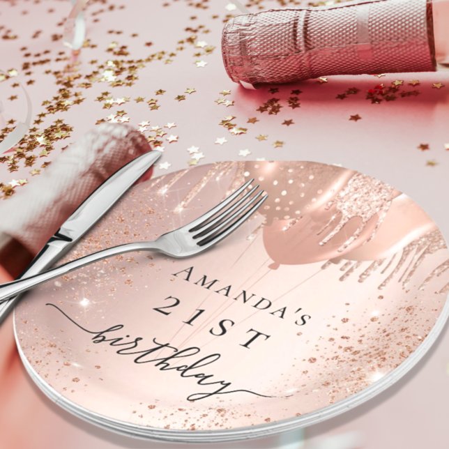 Birthday rose gold pink balloons paper plate (Creator Uploaded)