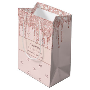 Birthday rose gold pink drips monogram medium gift bag