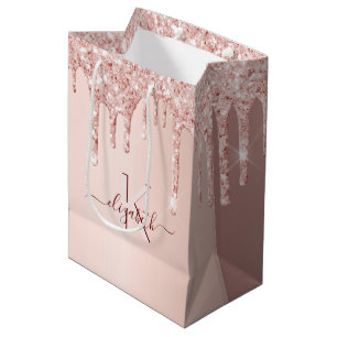 Birthday rose gold pink drips monogram script medium gift bag