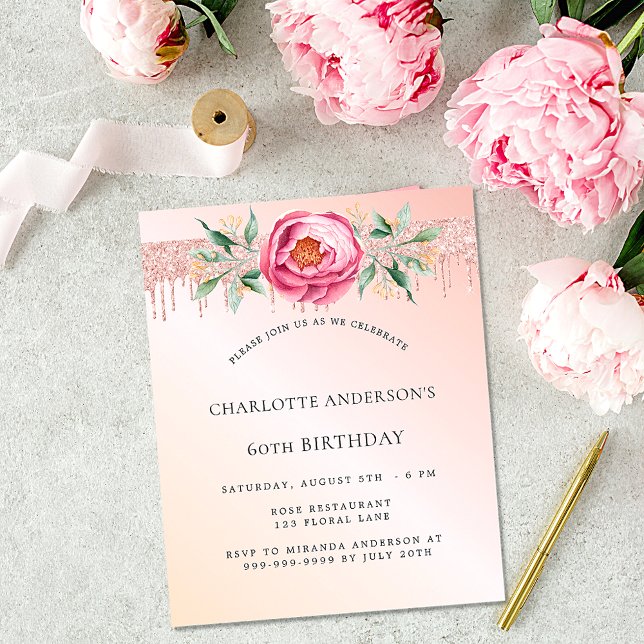 Birthday rose gold pink florals budget invitation (Creator Uploaded)