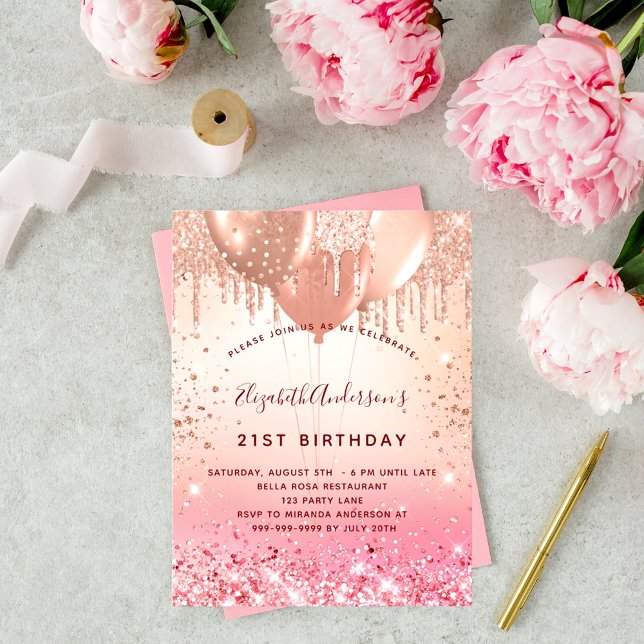 Birthday rose gold pink glitter balloons invitation postcard (Creator Uploaded)