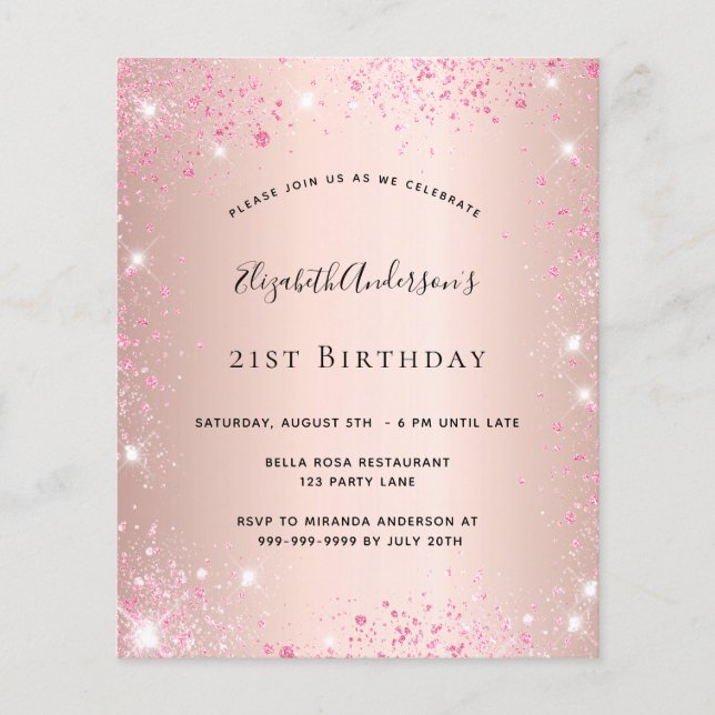 Birthday rose gold pink glitter budget invitation flyer (Front)