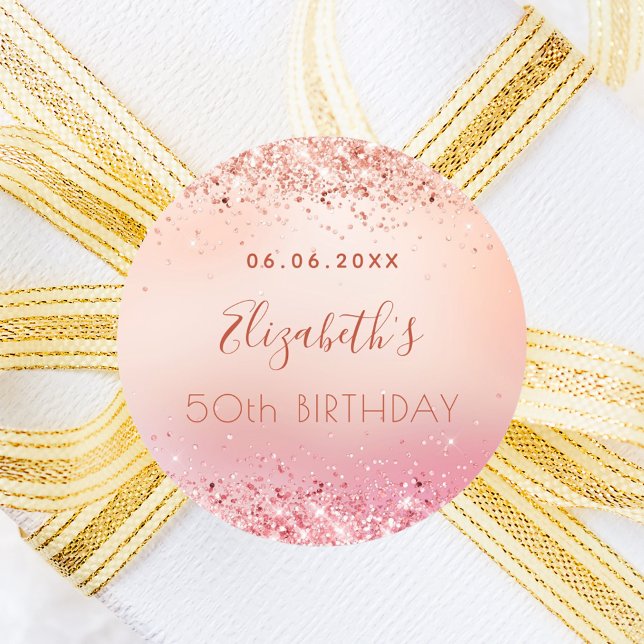 Birthday rose gold pink glitter dust monogram name classic round sticker (Creator Uploaded)