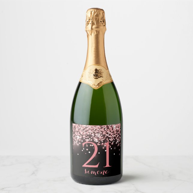 Birthday rose gold pink glitter glam 21st sparkling wine label (Front)