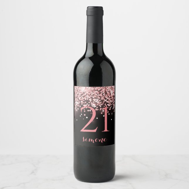 Birthday rose gold pink glitter glam 21st wine label (Front)