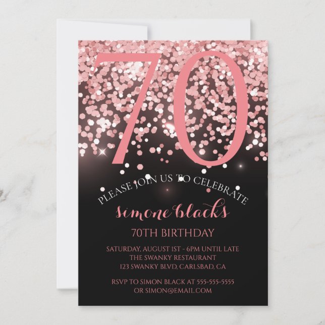 Birthday rose gold pink glitter glam 70th birthday invitation (Front)