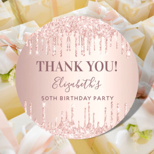 Birthday rose gold pink glitter name Thank You Classic Round Sticker