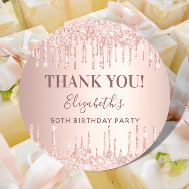 Birthday rose gold pink glitter name Thank You Classic Round Sticker (Creator Uploaded)