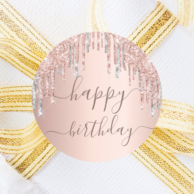 Birthday rose gold pink silver drips classic round sticker (Creator Uploaded)