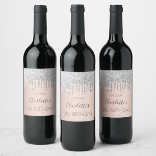 Birthday rose gold pink silver drips wine label